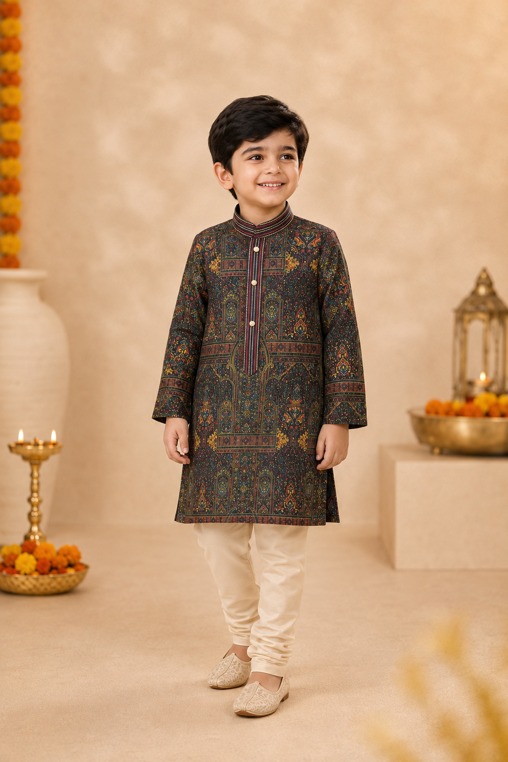 Deep Olive Printed Kurta With Off-white Pyjama