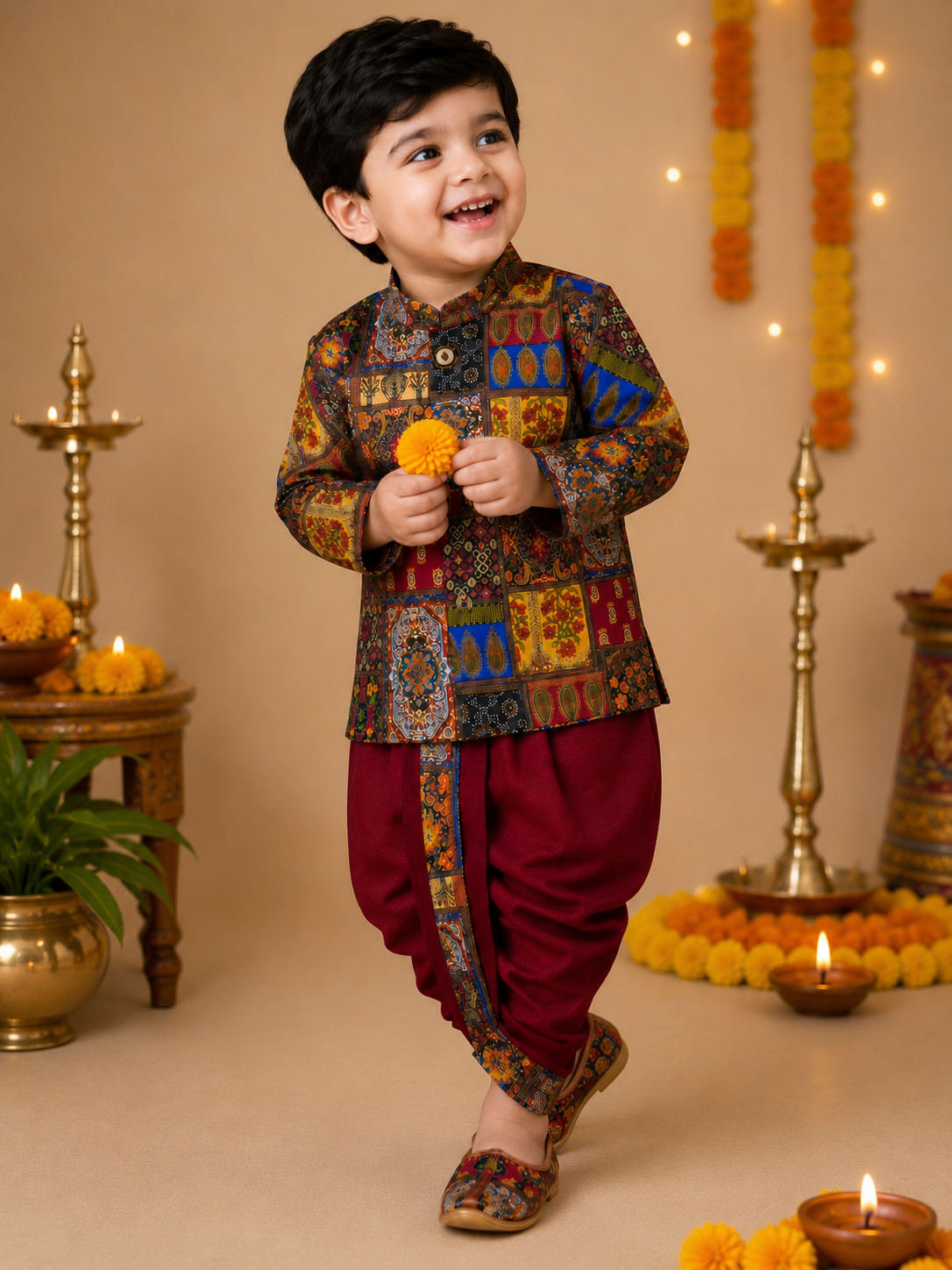 Multicolor Printed Kurta With Maroon Dhoti