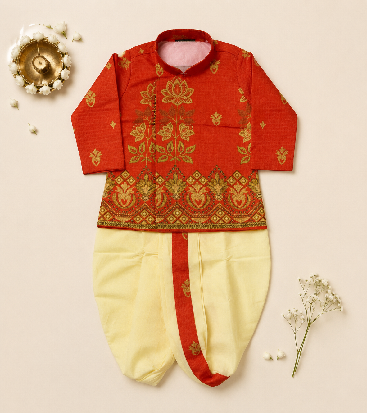 Red Printed Kurta With Butter Yellow Dhoti