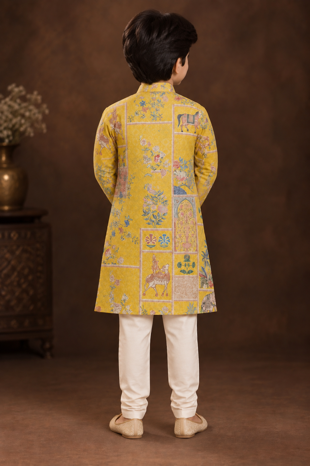 Golden Ochre Printed Kurta With Off-white Pyjama