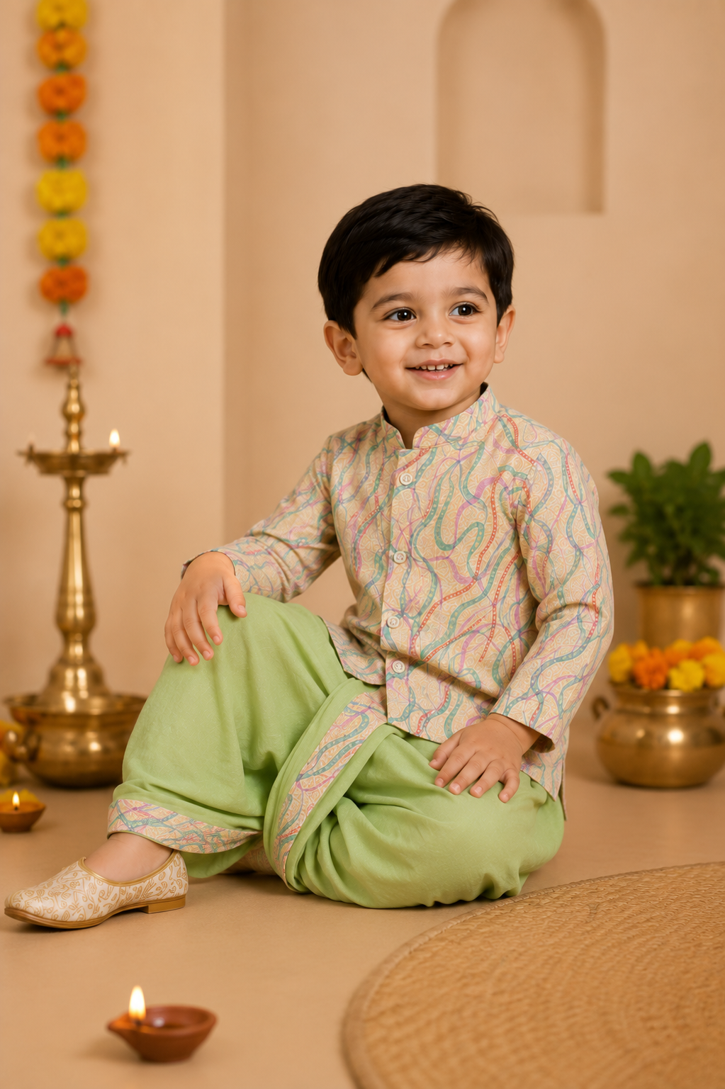 Cream Printed Kurta With Pastel Green Dhoti