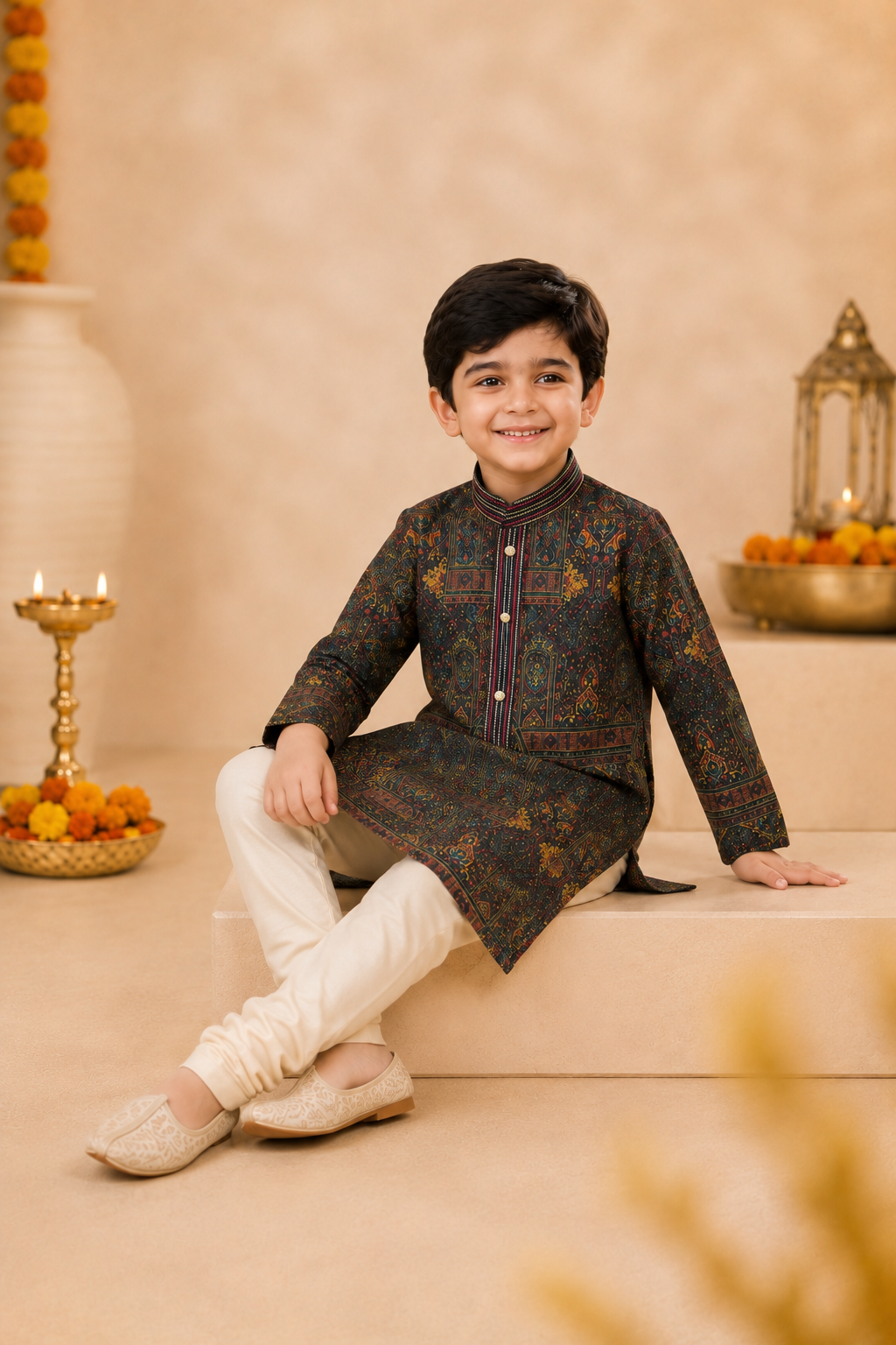 Deep Olive Printed Kurta With Off-white Pyjama