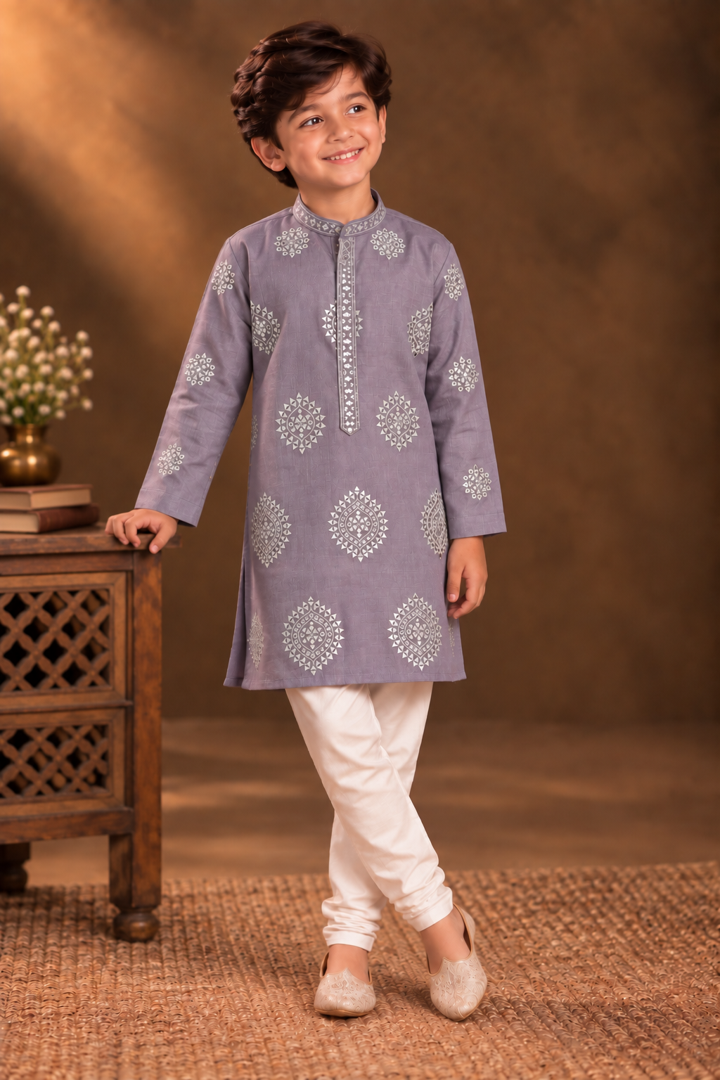 Dusty Lavender Kurta With Silver Geometric Embroidery And Off-white Pyjama