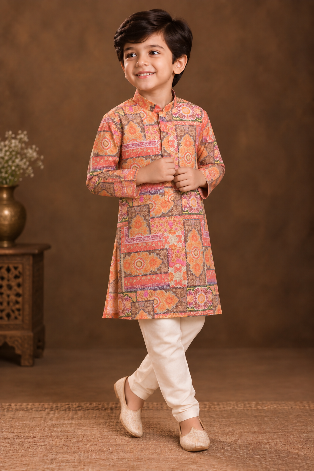 Peach & Coral Multicolour Geometric Printed Kurta With Off-white Pyjama