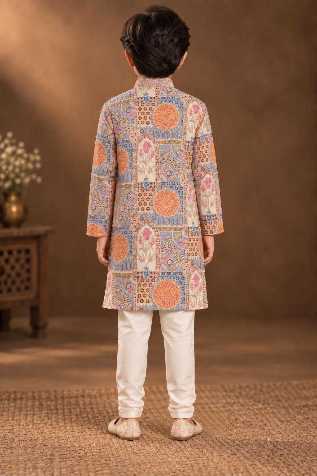 Dusty Blue And Peach Printed Kurta With Off-white Pyjama
