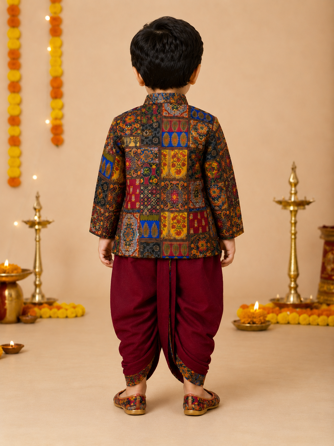 Multicolor Printed Kurta With Maroon Dhoti