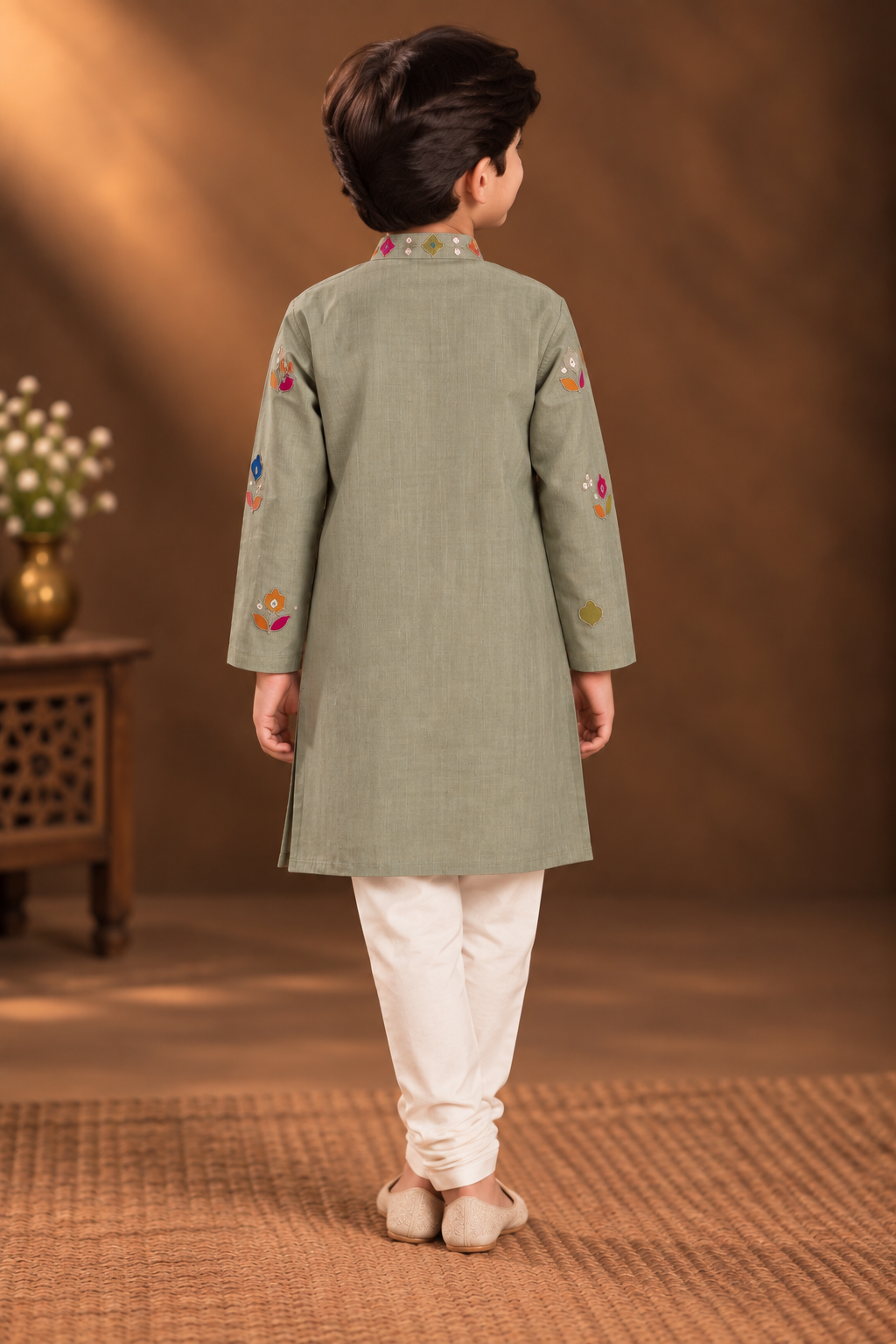 Sage Green Kurta With Vibrant Multicolour Floral Embroidery And Off-white Pyjama