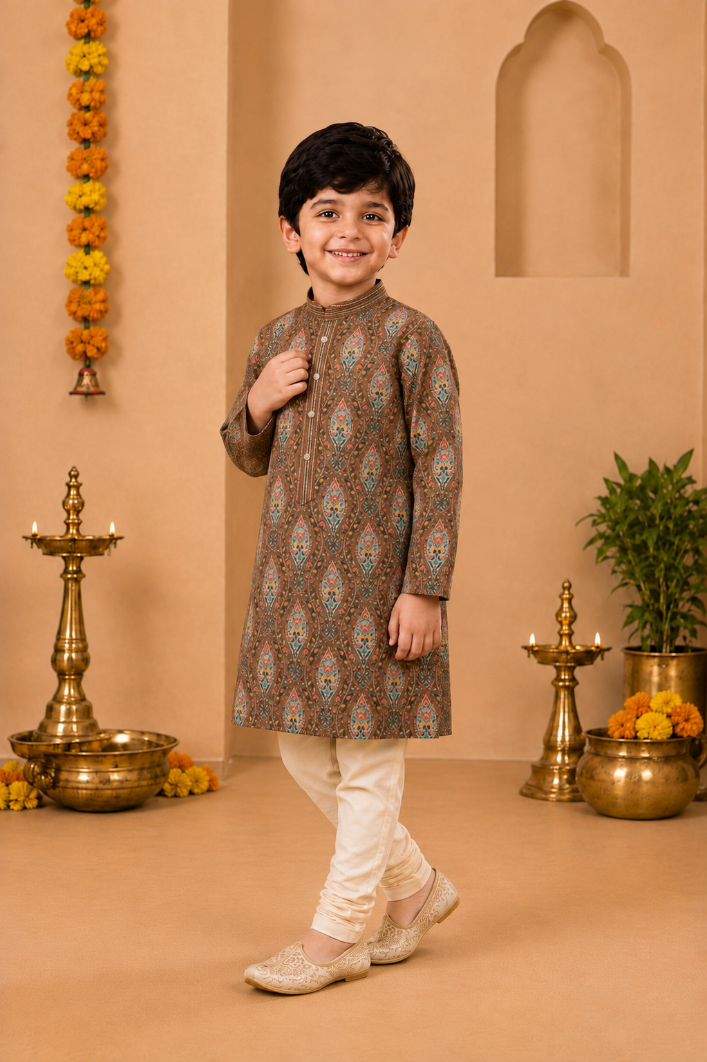Vintage Brown Printed Kurta With Off-white Pyjama