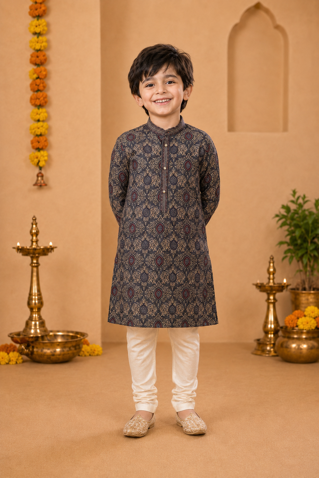 Charcoal Grey Printed Kurta With Off-white Pyjama