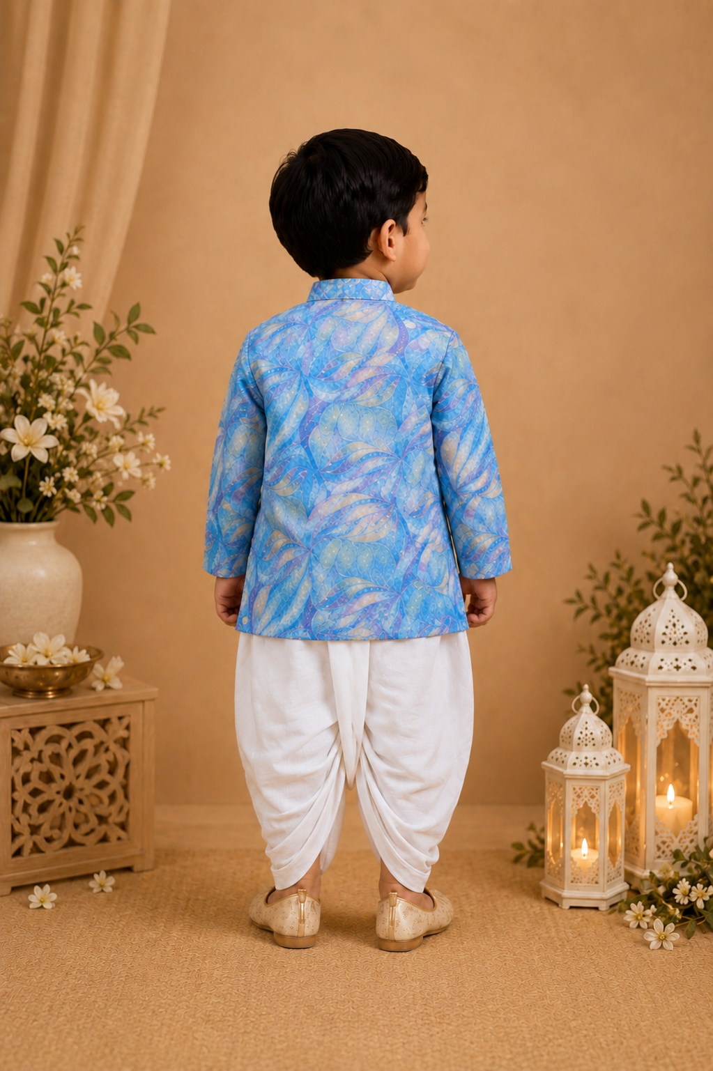 Sky Blue Printed Kurta With Off-white Dhoti