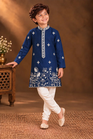 Dark Blue Kurta With White Floral Embroidery And Off-white Pyjama