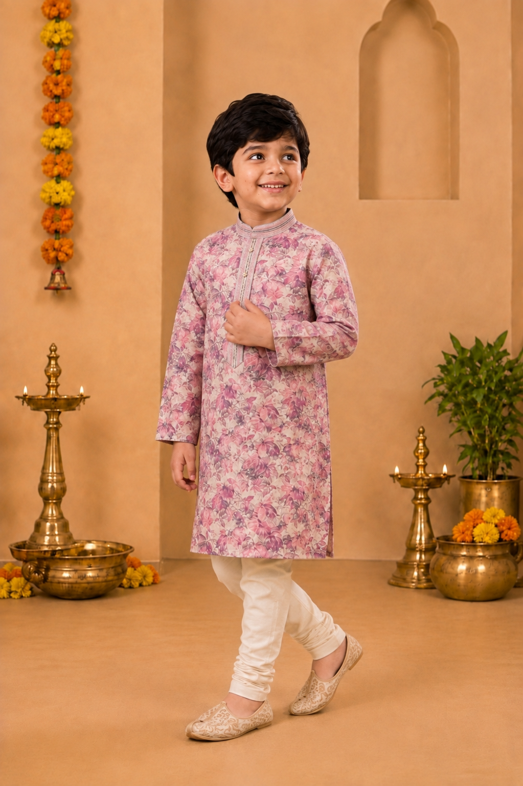 Blush Pink Floral Printed Kurta With Off-White Pyjama