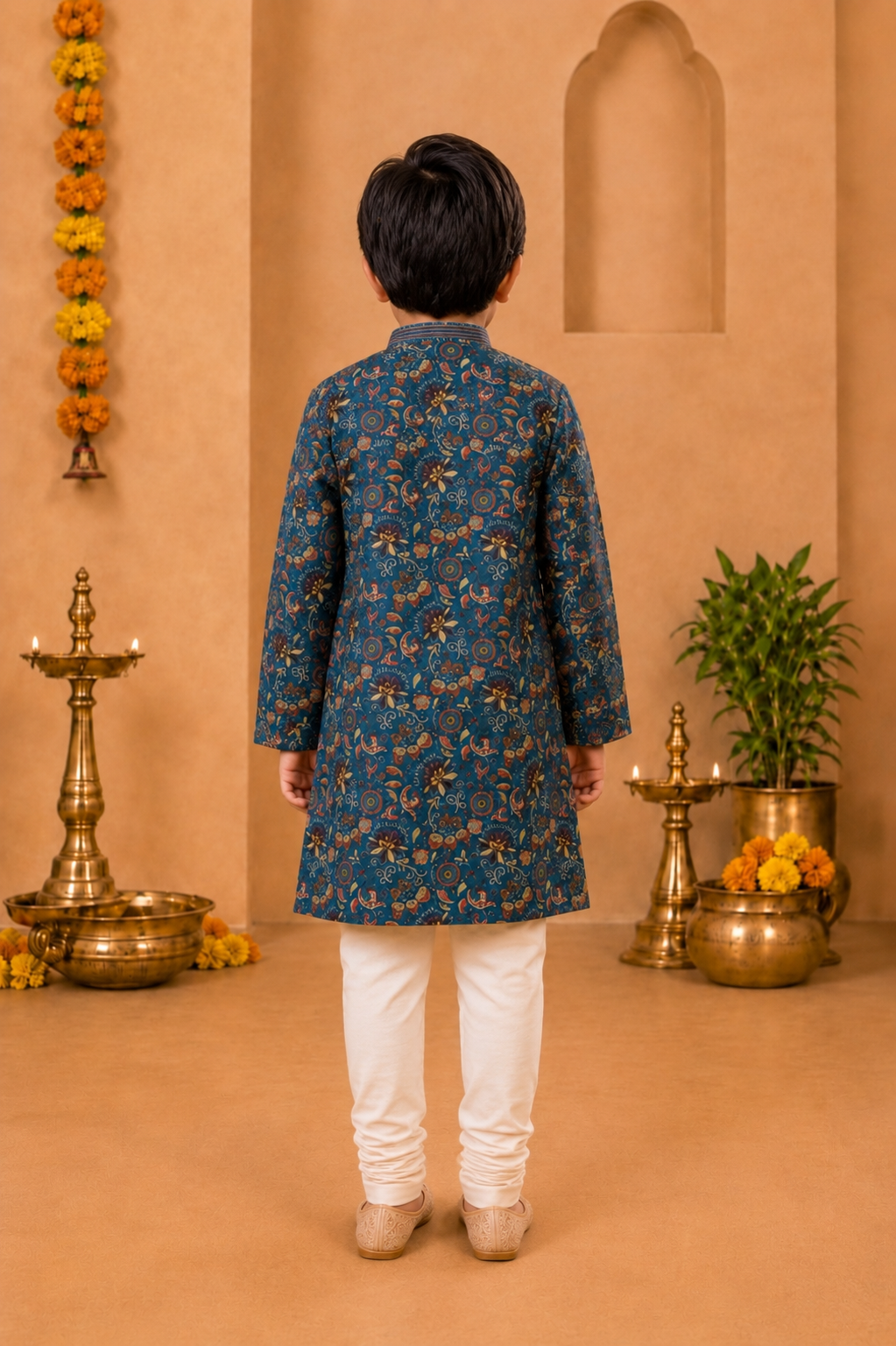 Teal Blue Printed Kurta With Off-white Pyjama