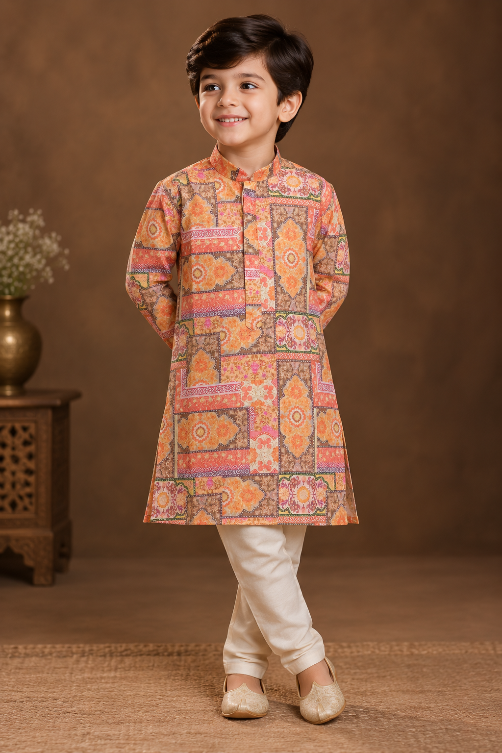 Peach & Coral Multicolour Geometric Printed Kurta With Off-white Pyjama