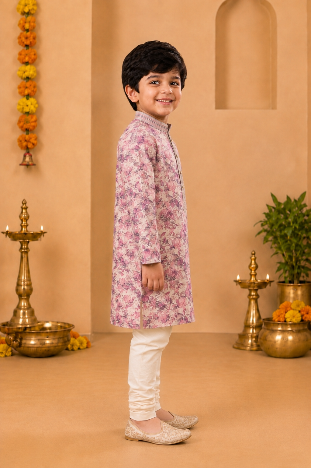 Blush Pink Floral Printed Kurta With Off-White Pyjama