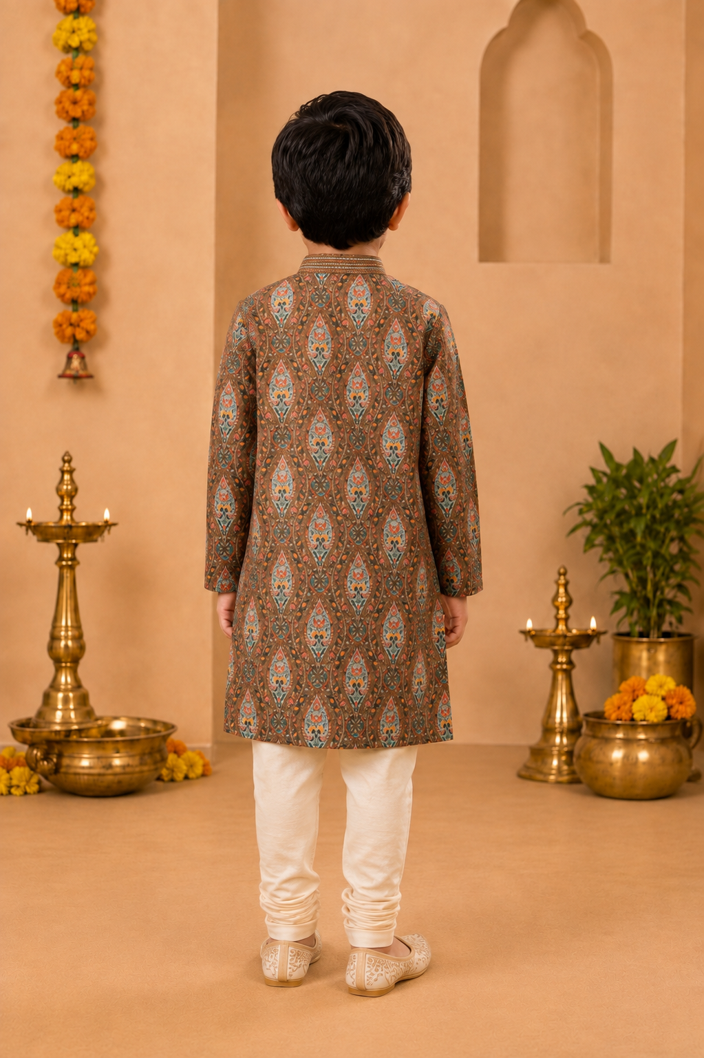 Vintage Brown Printed Kurta With Off-white Pyjama