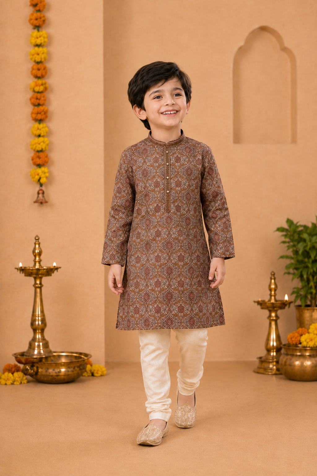 Rust Brown Printed Kurta With Off-white Pyjama