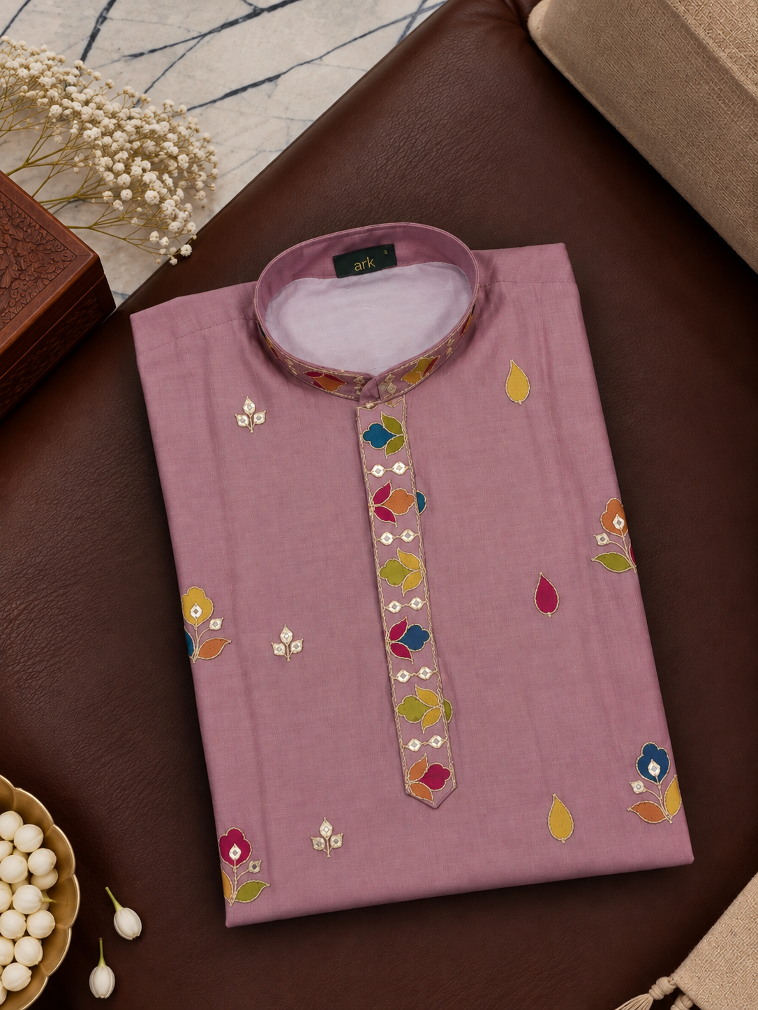 Mauve Pink Kurta With Vibrant Multicolour Floral Embroidery And Off-white Pyjama