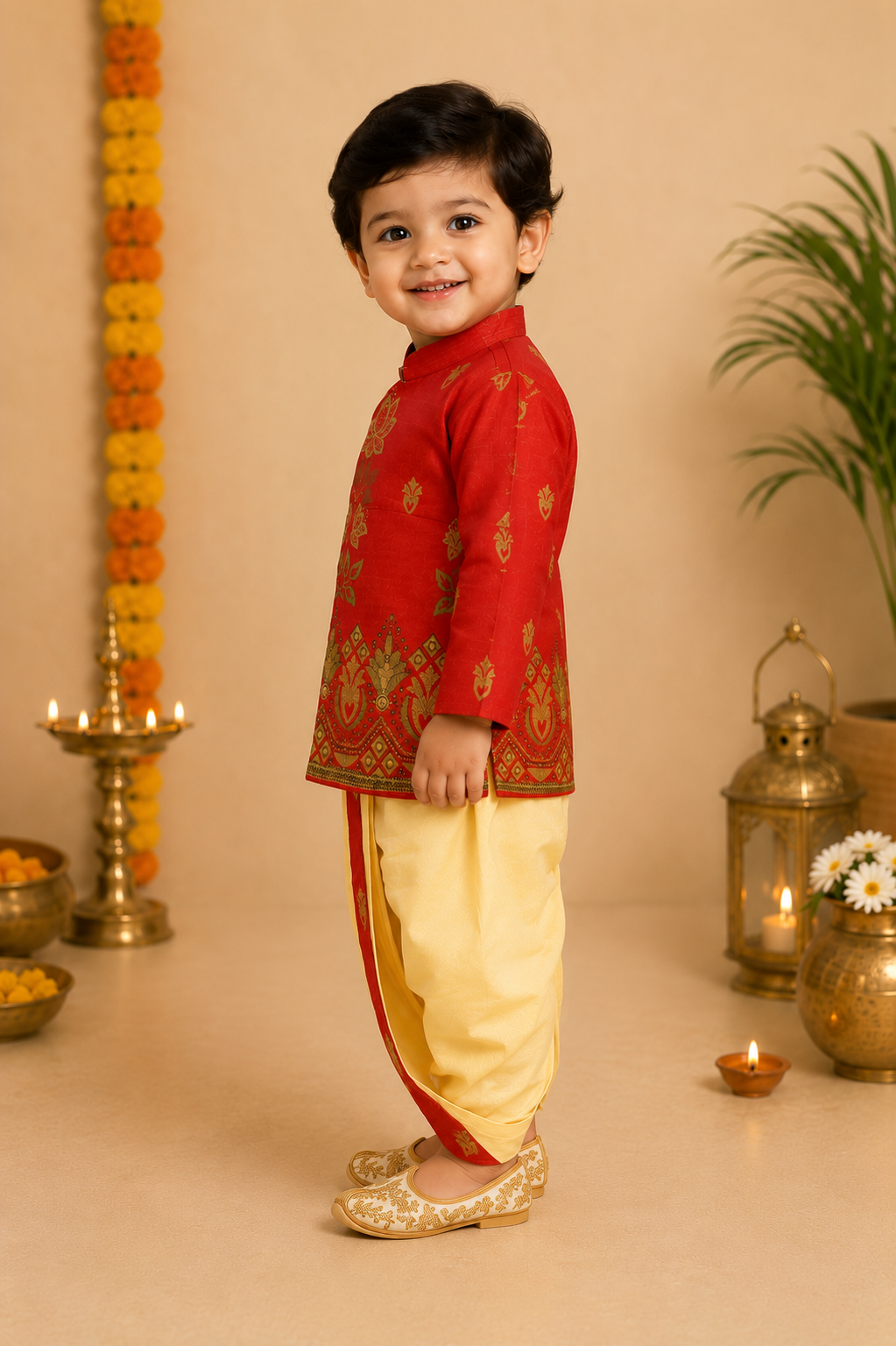 Red Printed Kurta With Butter Yellow Dhoti