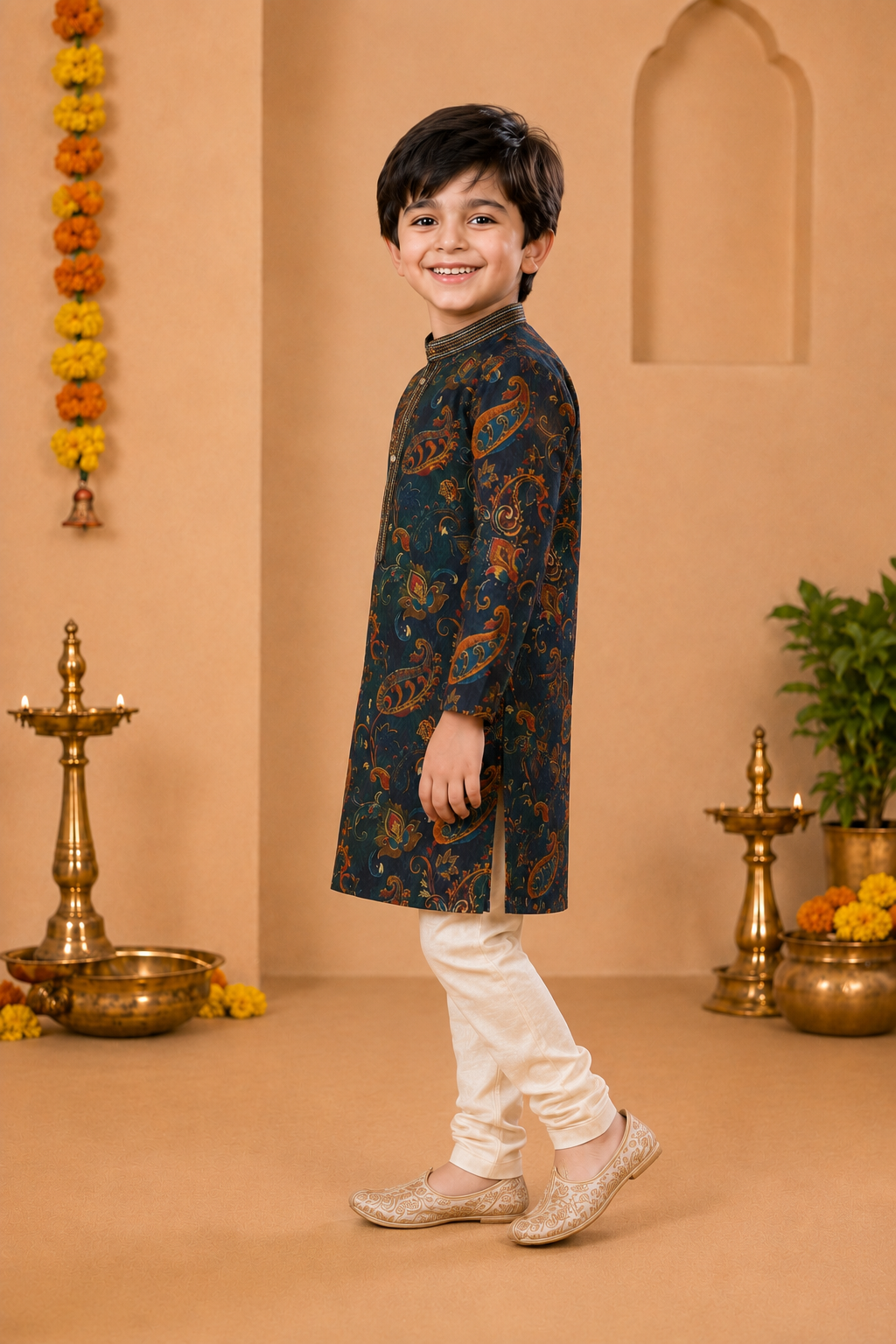 Teal Green Printed Kurta With Vibrant Paisley Motifs And Off-white Pyjama