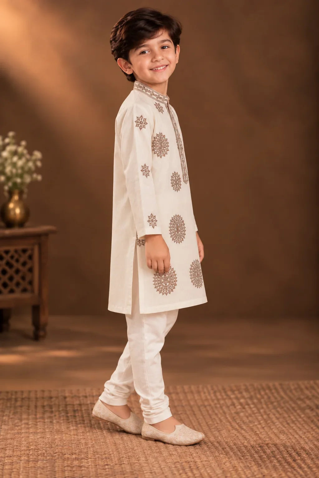 Ivory Kurta With Taupe Embroidery And Off-white Pyjama