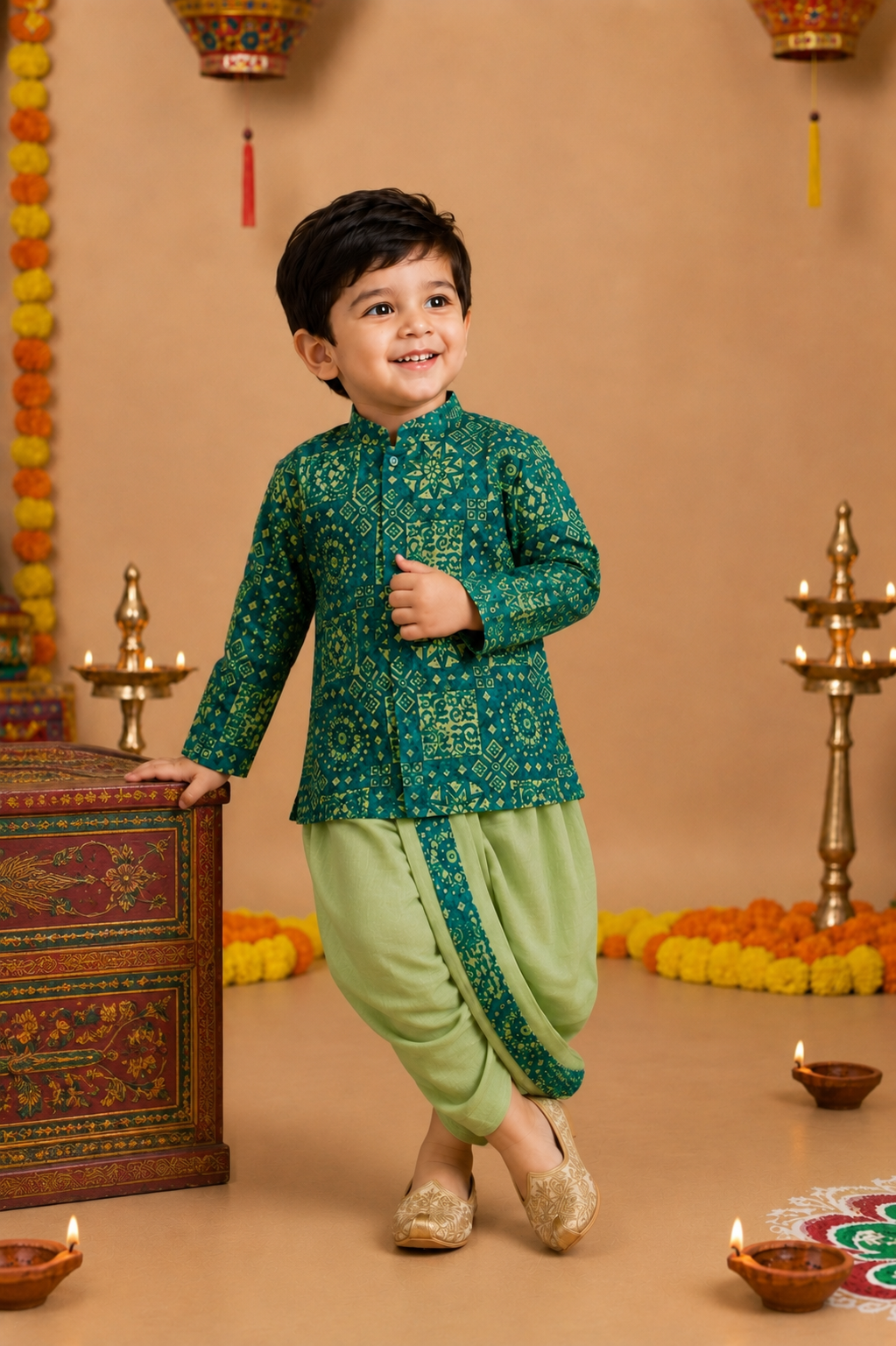 Teal Green Printed Kurta With Pastel Green Dhoti