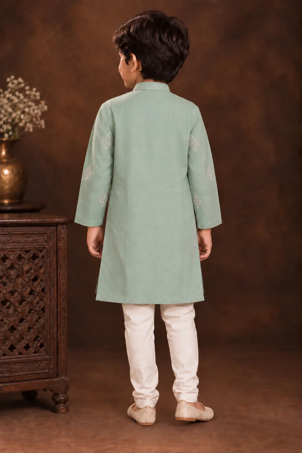Pastel Sage Green Kurta With Tonal Embroidery And Off-white Pyjama