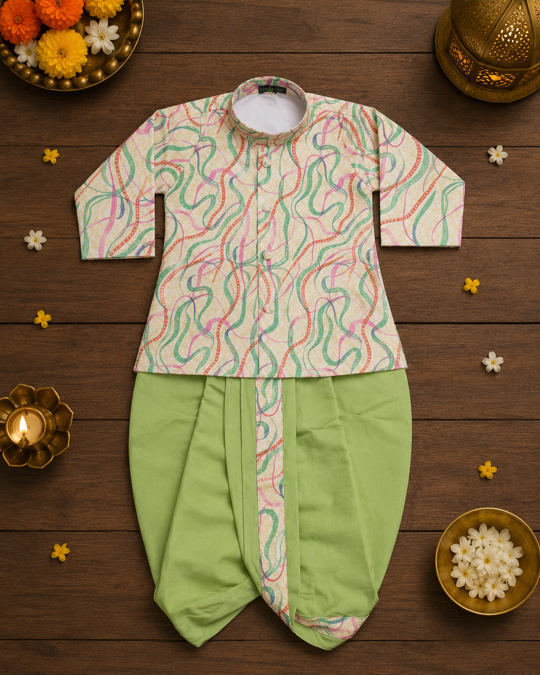 Cream Printed Kurta With Pastel Green Dhoti