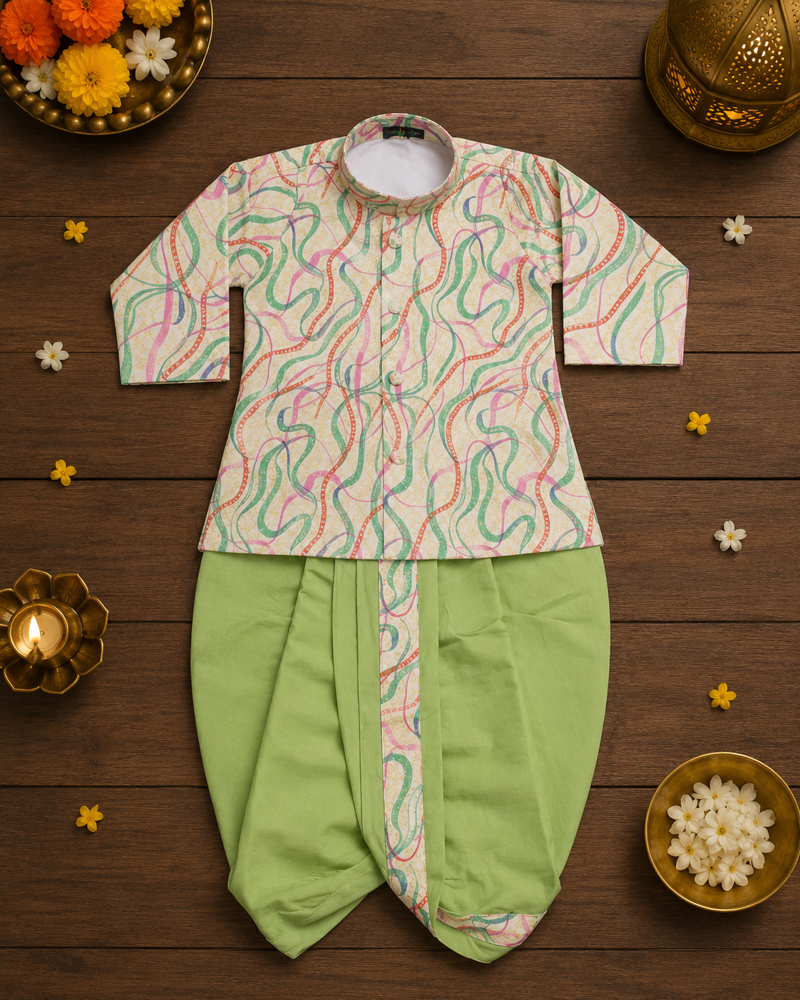 Cream Printed Kurta With Pastel Green Dhoti