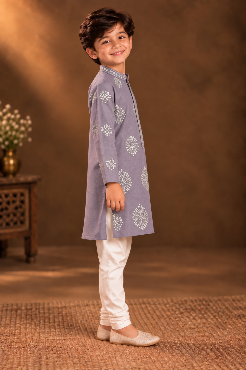 Dusty Lavender Kurta With Silver Geometric Embroidery And Off-white Pyjama
