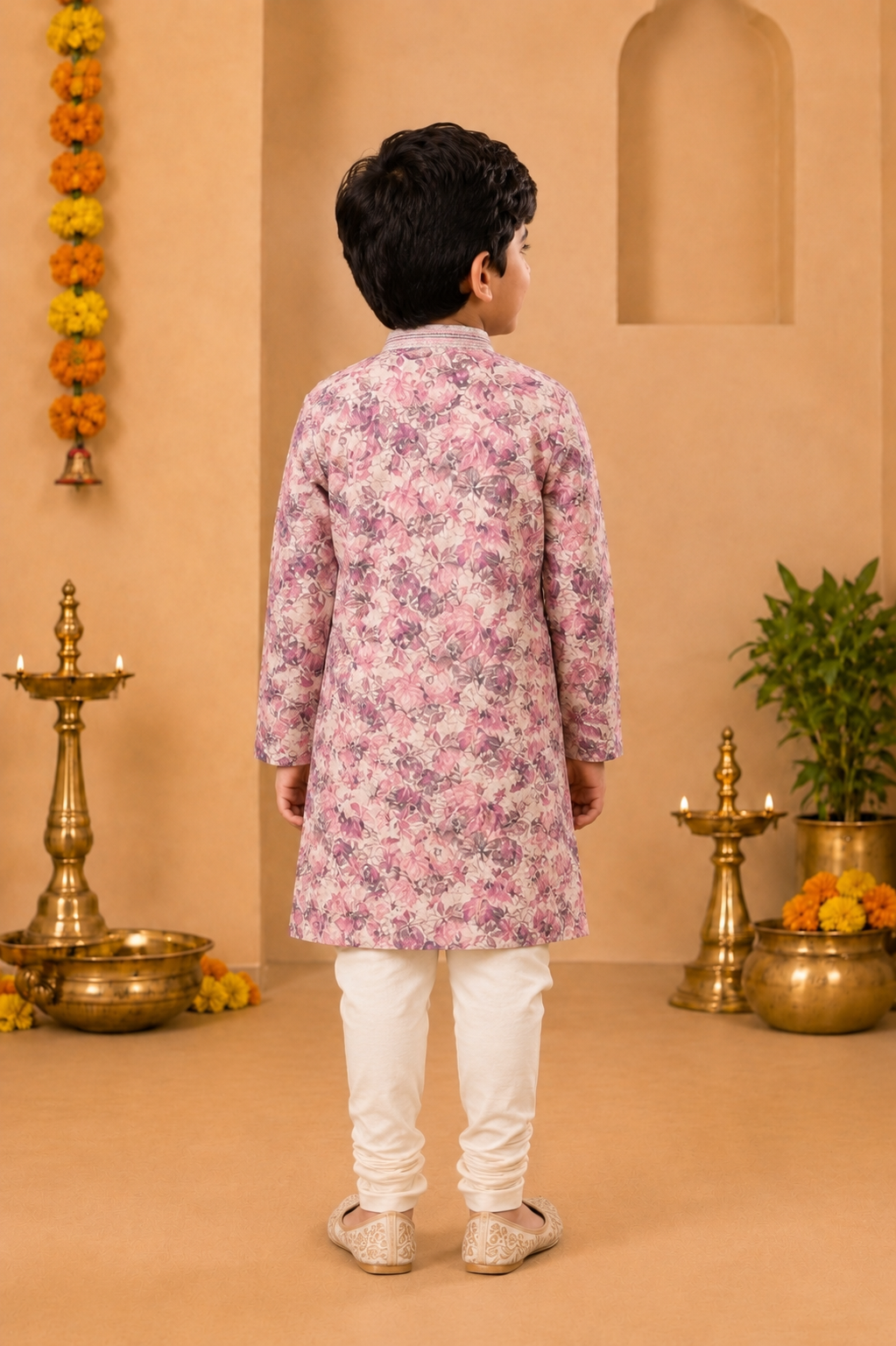 Blush Pink Floral Printed Kurta With Off-White Pyjama