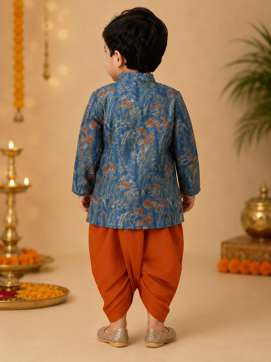 Blue Printed Kurta With Rust Dhoti