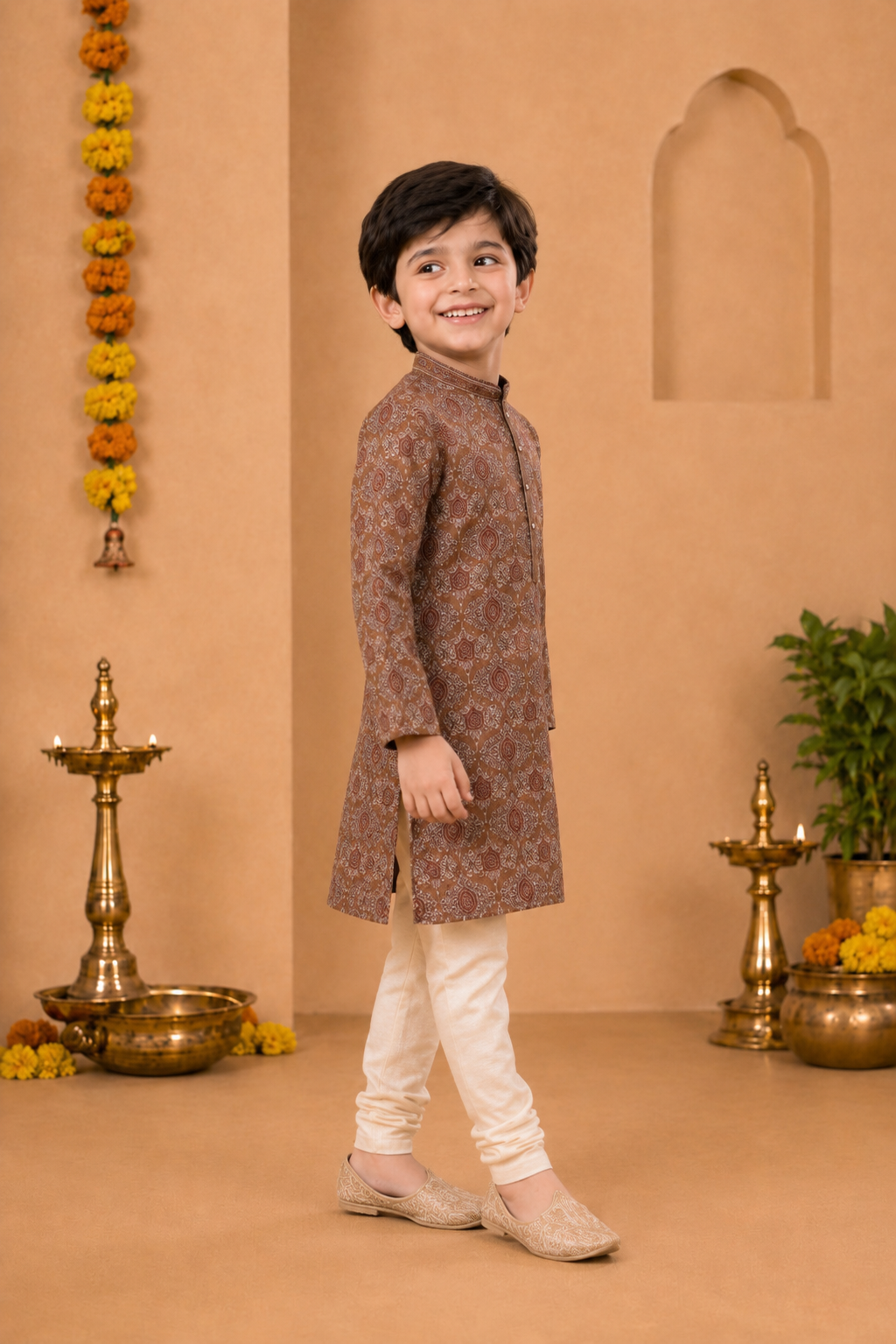 Rust Brown Printed Kurta With Off-white Pyjama