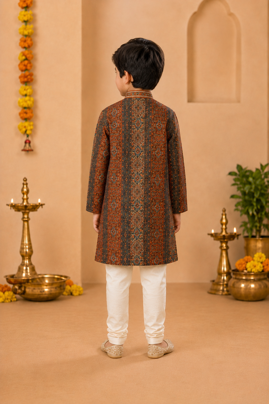 Burnt Orange Printed Kurta With Off-white Pyjama