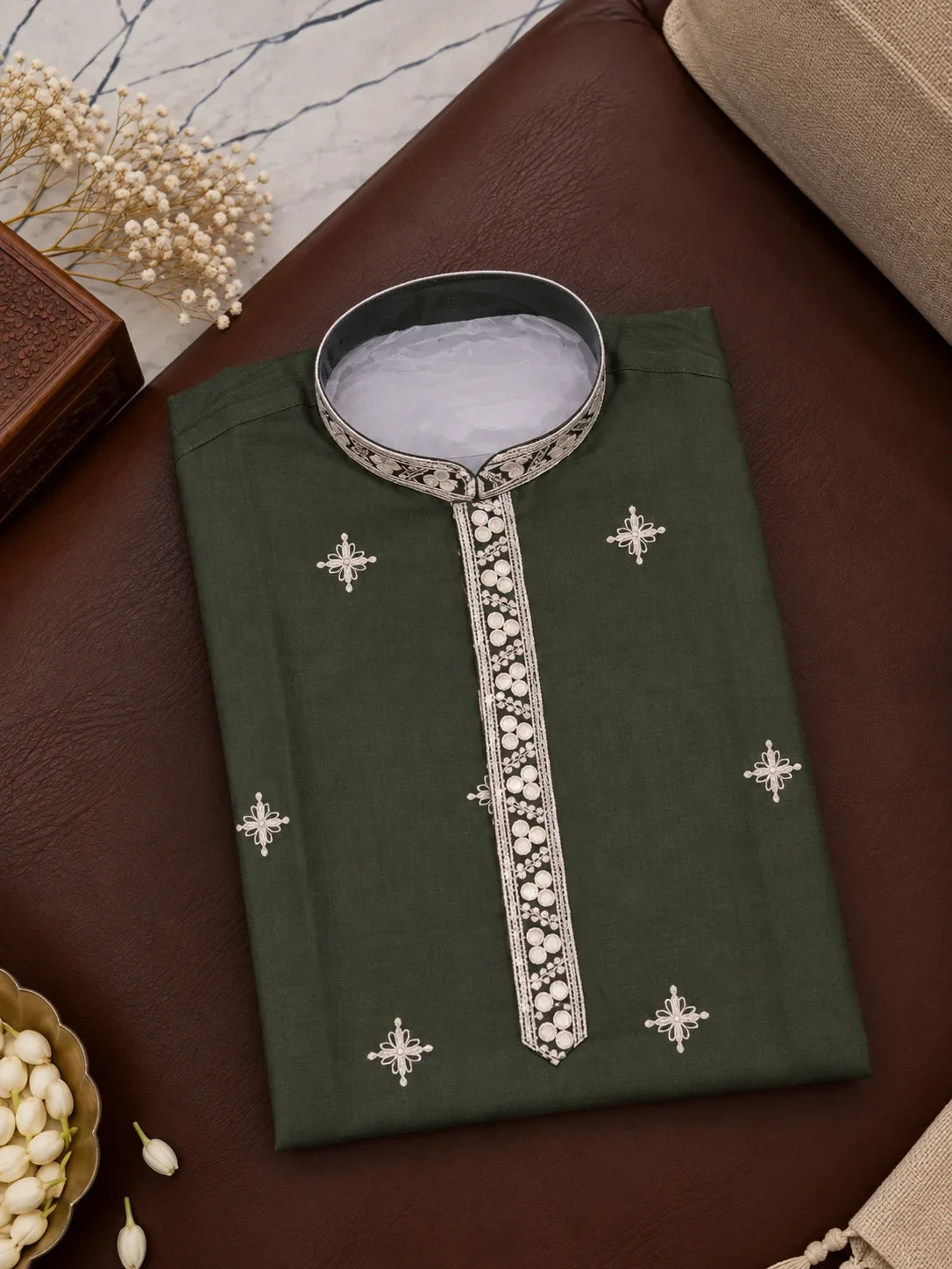 Deep Olive Green Kurta With White Floral Embroidery And Off-white Pyjama