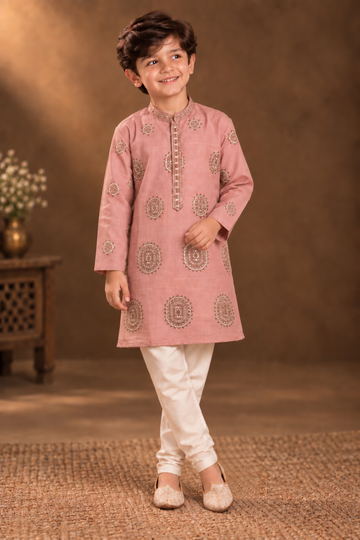 Dusty Rose Kurta With Taupe Embroidery And Off-White Pyjama
