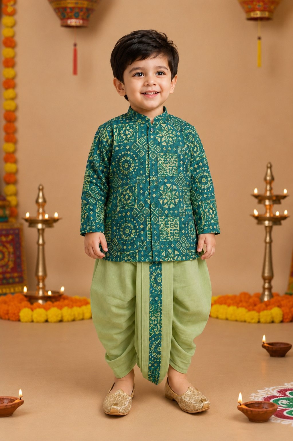 Teal Green Printed Kurta With Pastel Green Dhoti