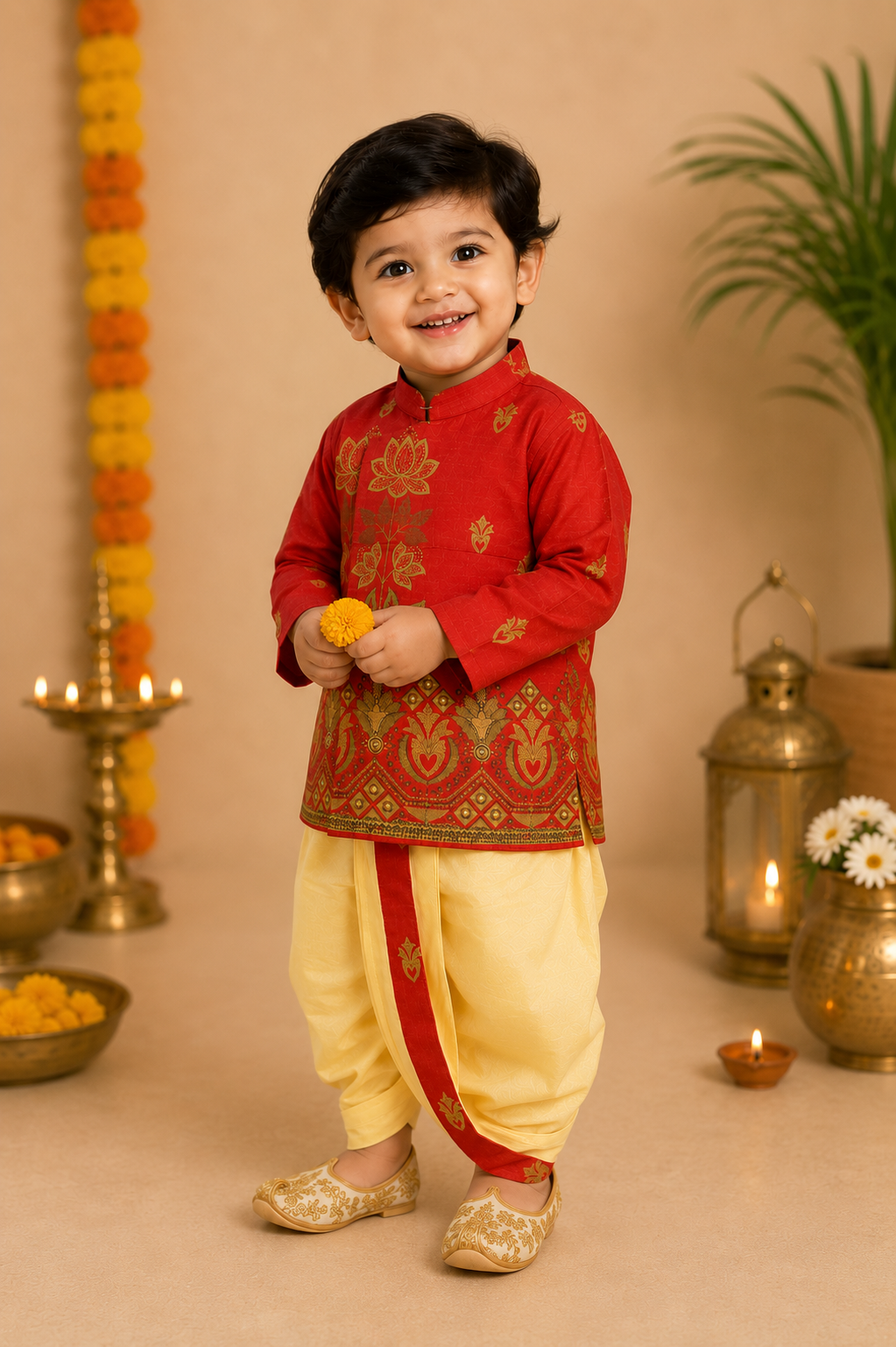 Red Printed Kurta With Butter Yellow Dhoti