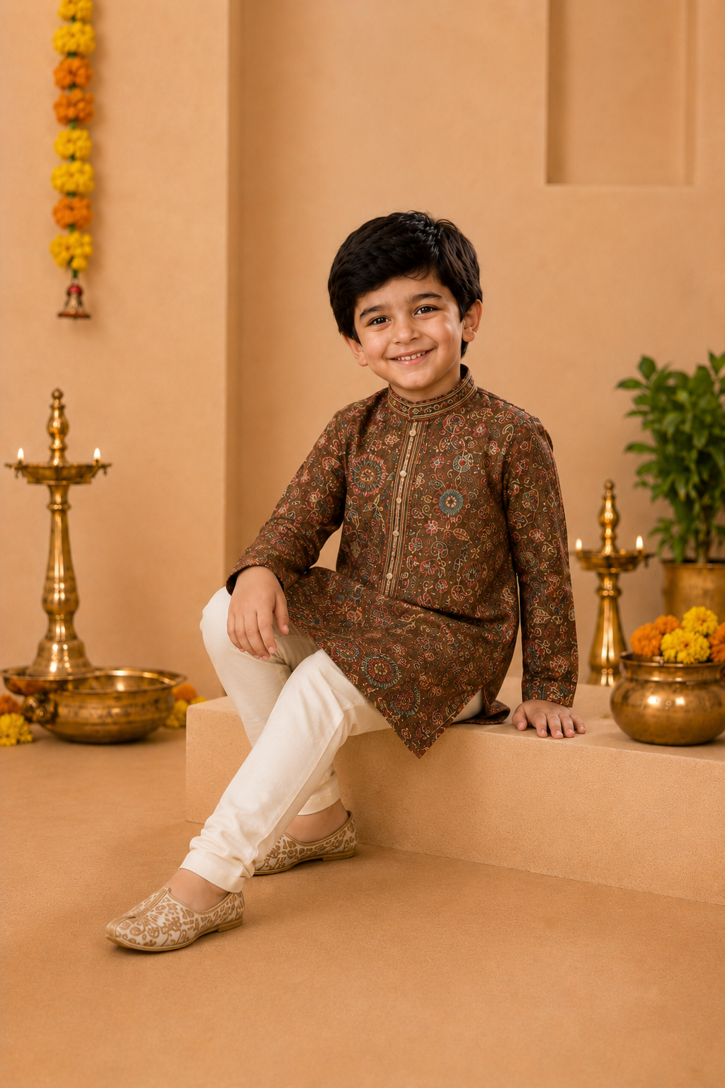 Chocolate Brown Printed Kurta With Off-white Pyjama