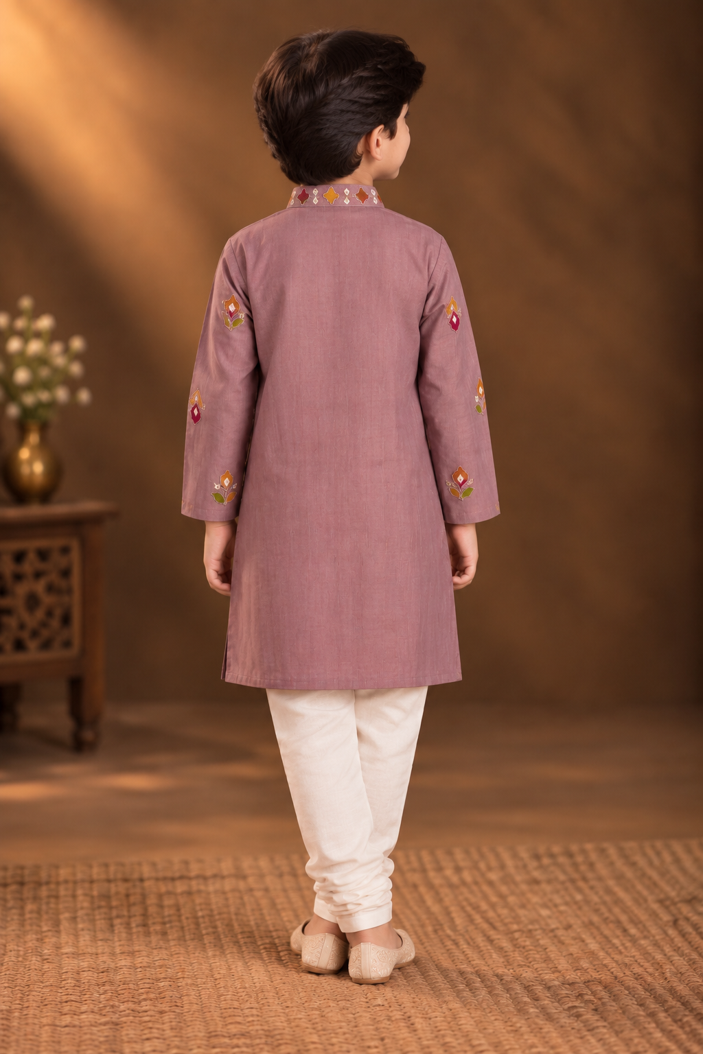 Mauve Pink Kurta With Vibrant Multicolour Floral Embroidery And Off-white Pyjama