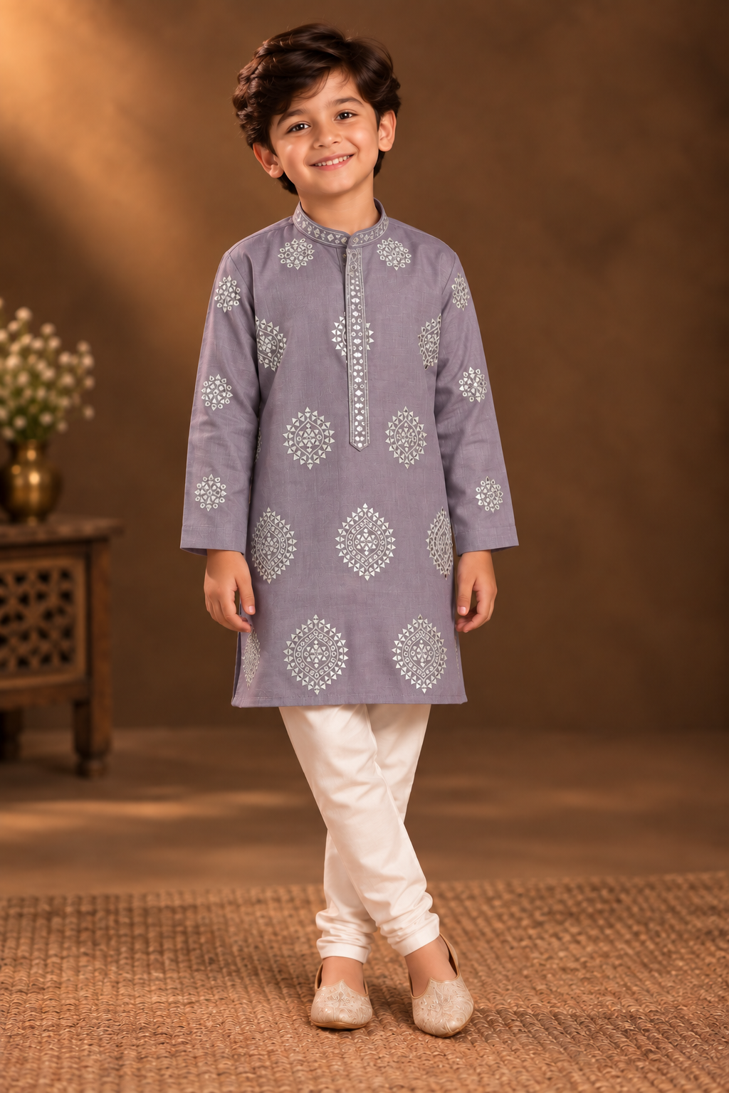 Dusty Lavender Kurta With Silver Geometric Embroidery And Off-white Pyjama