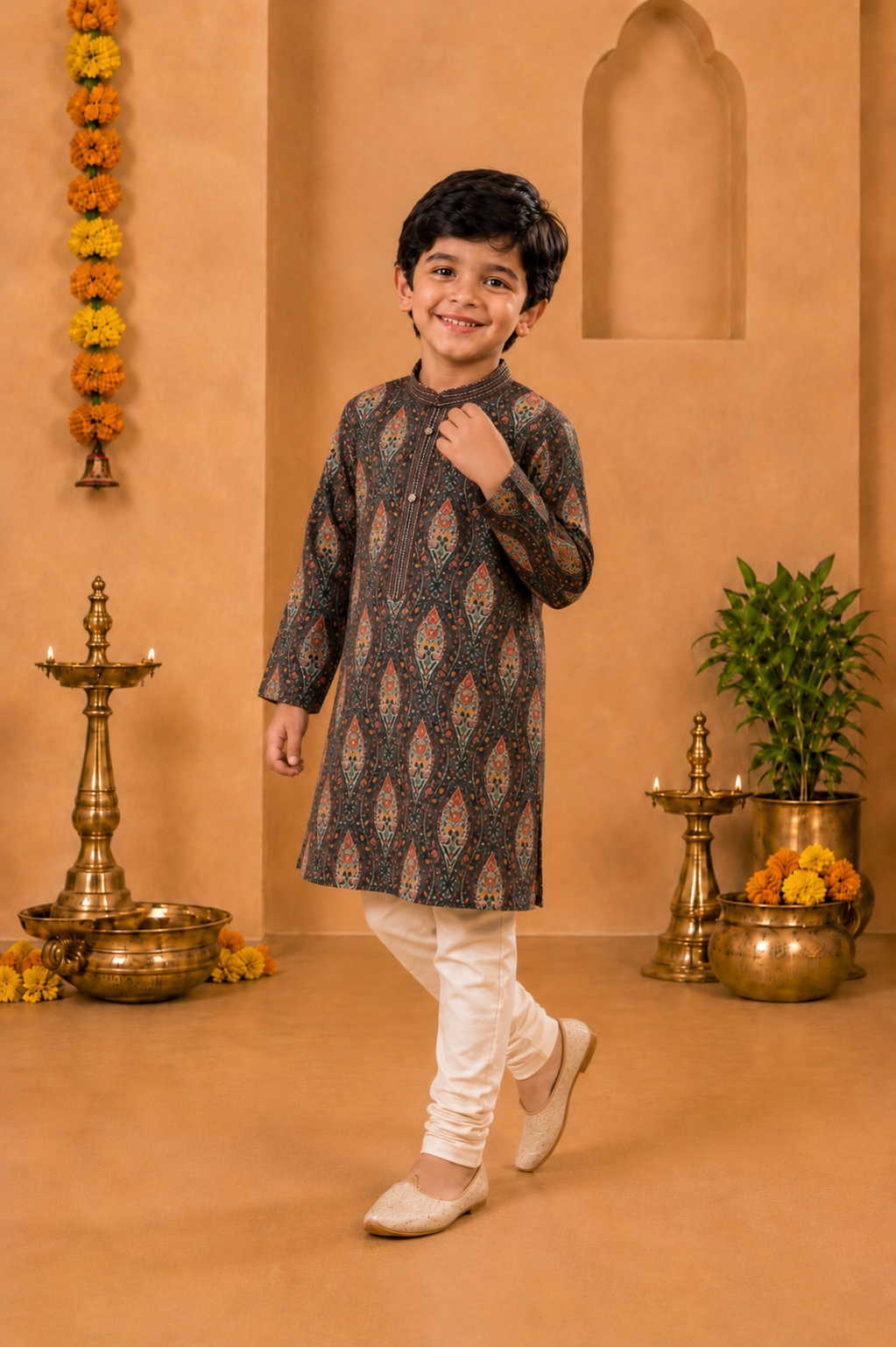 Charcoal Grey Printed Kurta With Off-white Pyjama