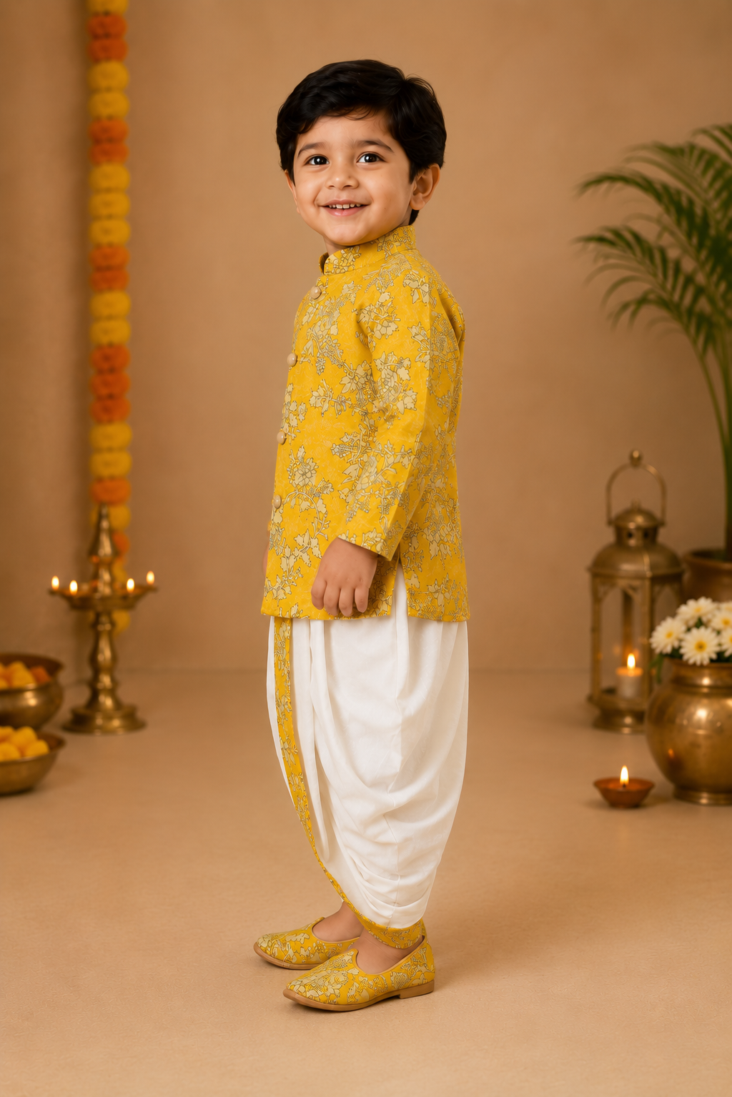 Yellow Printed Kurta With Off-white Dhoti