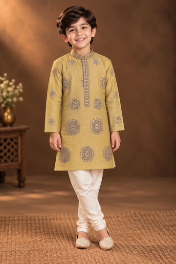 Mustard Yellow Kurta With Taupe Embroidery And Off-White Pyjama