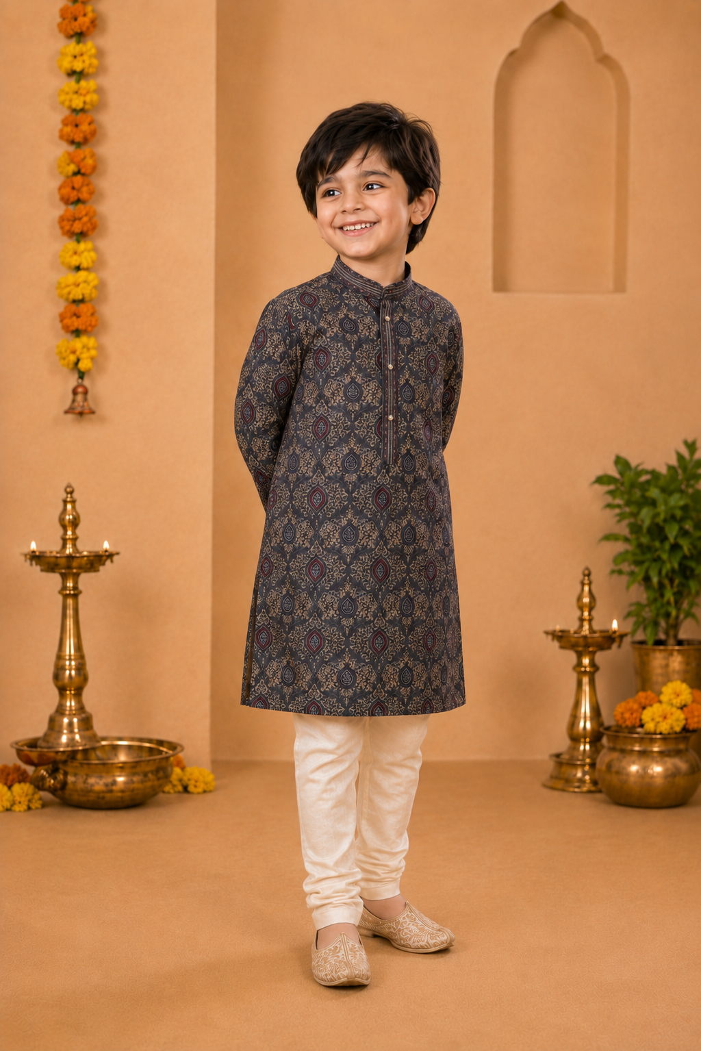 Charcoal Grey Printed Kurta With Off-white Pyjama
