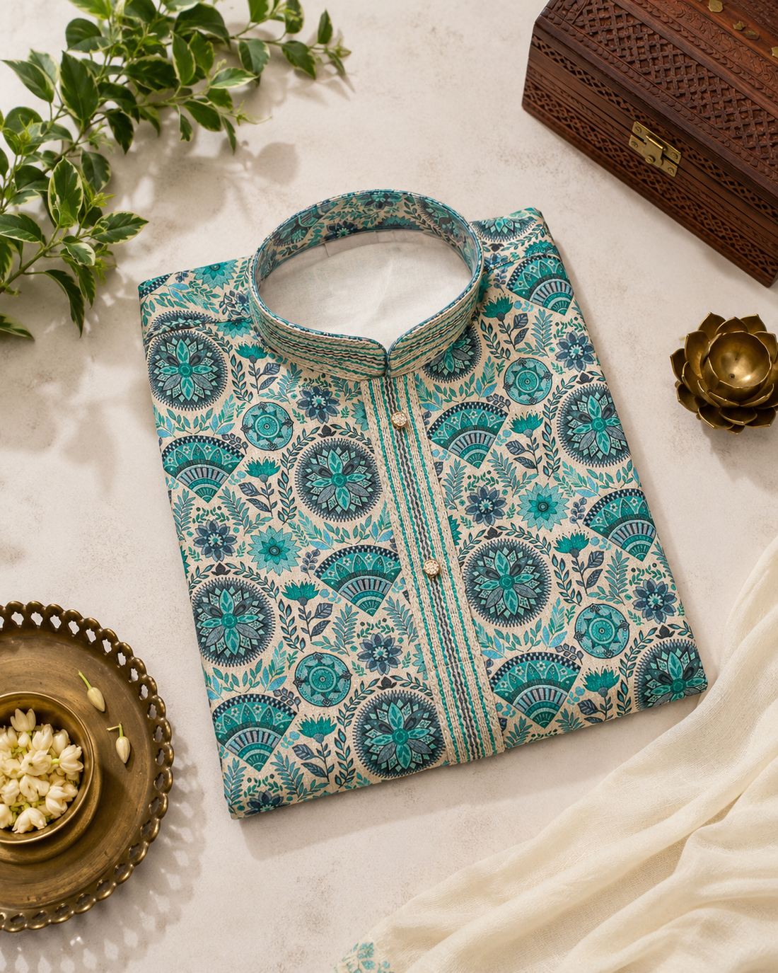 Ivory Printed Kurta With Teal-blue Motifs And Off-white Pyjama