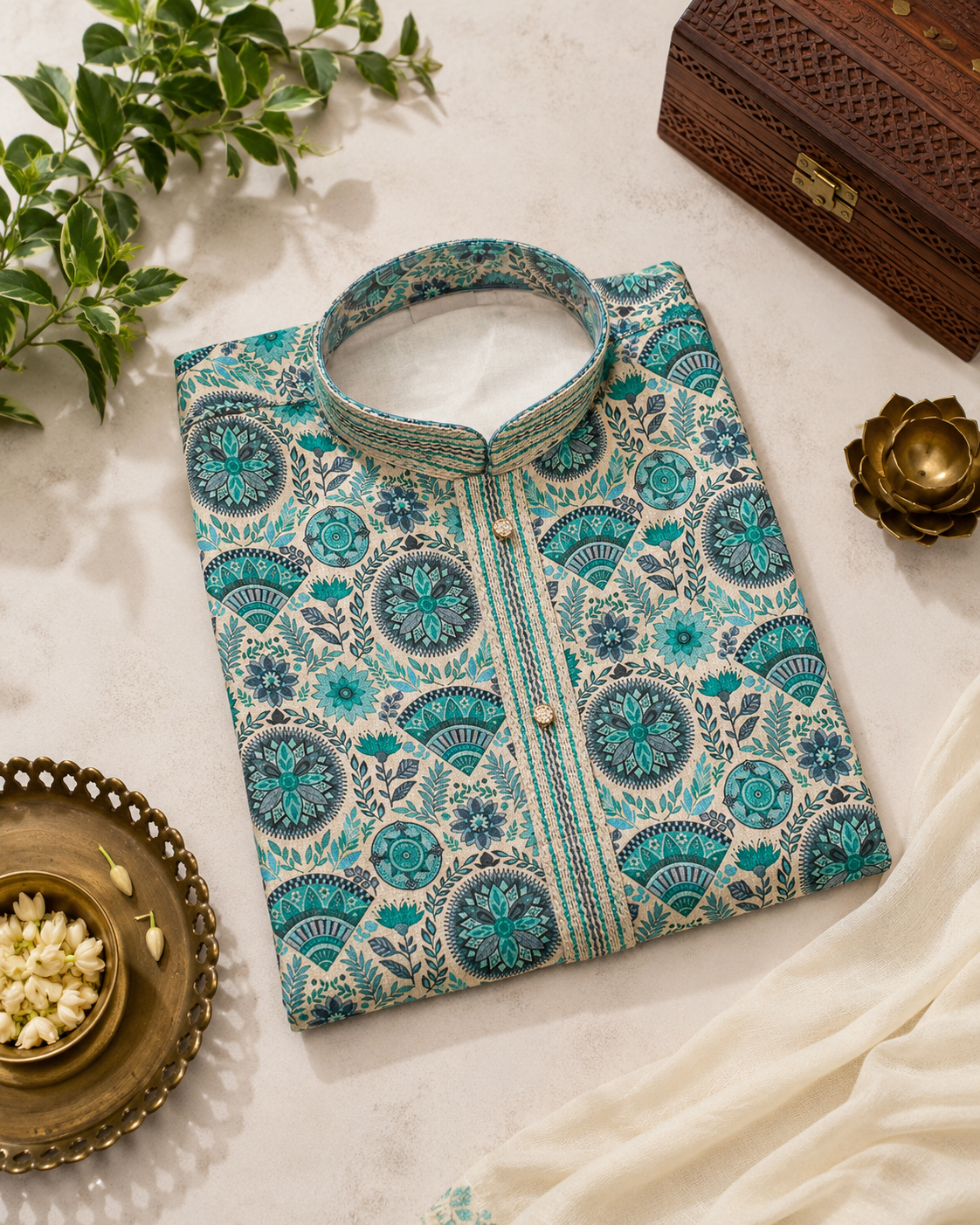 Ivory Printed Kurta With Teal-blue Motifs And Off-white Pyjama