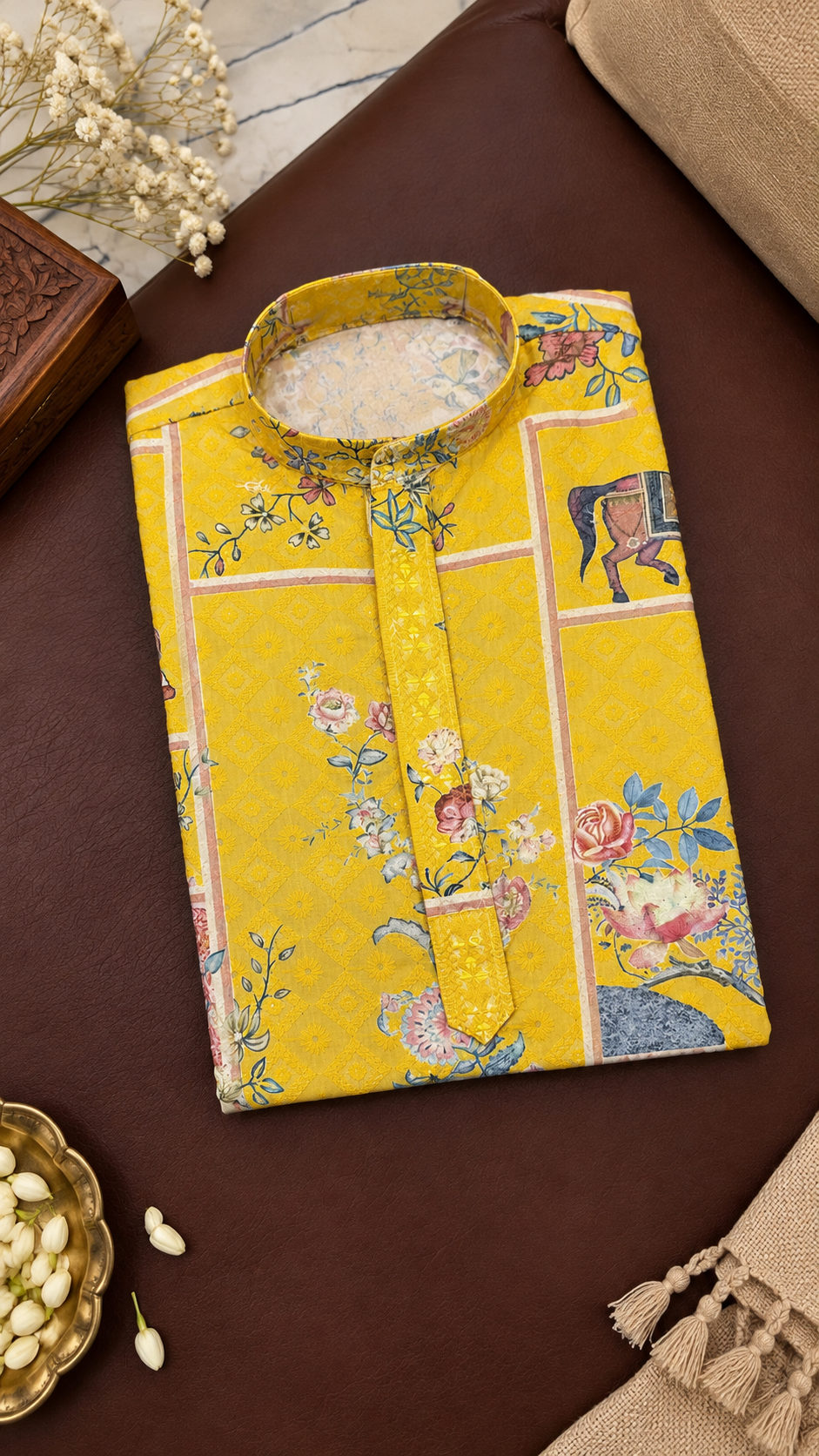 Golden Ochre Printed Kurta With Off-white Pyjama