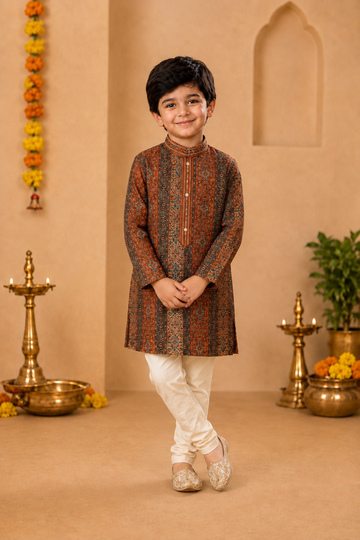 Burnt Orange Printed Kurta With Off-white Pyjama