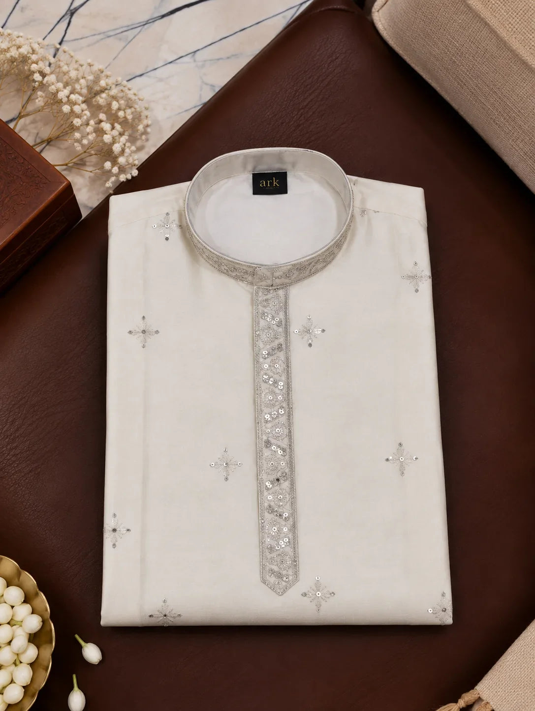 Ivory Kurta With Delicate Silver Embroidery And Off-white Pyjama